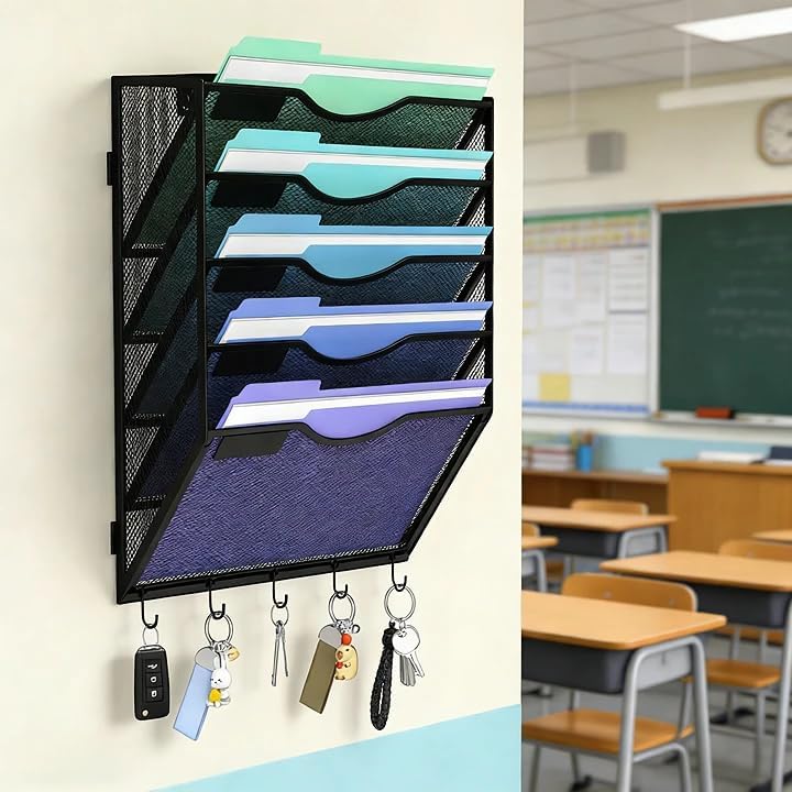 Gawerk Hanging Wall File Organizer with 5 Hooks - Wall Mounted Mail Paper Document Folder Holder, Sturdy Mesh Magazine Rack for Office Home (5 Tier)