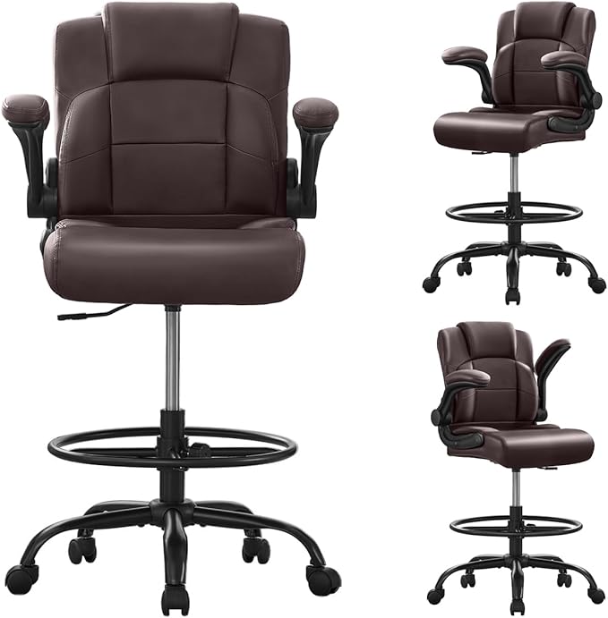 Ergonomic Drafting Chair,Tall Office Chair for Standing Desk with Flip-Up Armrests,Adjustable Foot Ring & Height, High Leather Executive Office Chair for Home,Drawing or Counter Height Use