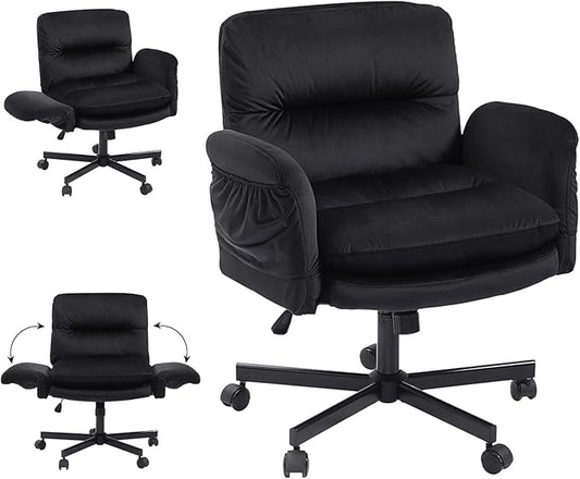 Bestier Criss Cross Office Chair with Flip-Up Armrests, Swivel Makeup Vanity Chair with Wheels & Side Pockets, Cross Legged Office Chair for Home Office, Bedroom, Black Velvet