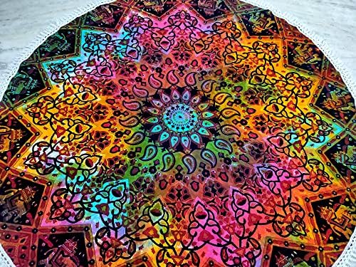 Round Beach Tapestry Turquoise Mandala Throw/Boho Hippie Beach Blanket Roundie/Indian Cotton Bohemian Large Round Table Cloth-Home Decor/Yoga Mat Meditation Picnic Rug (42", Multi Blue)