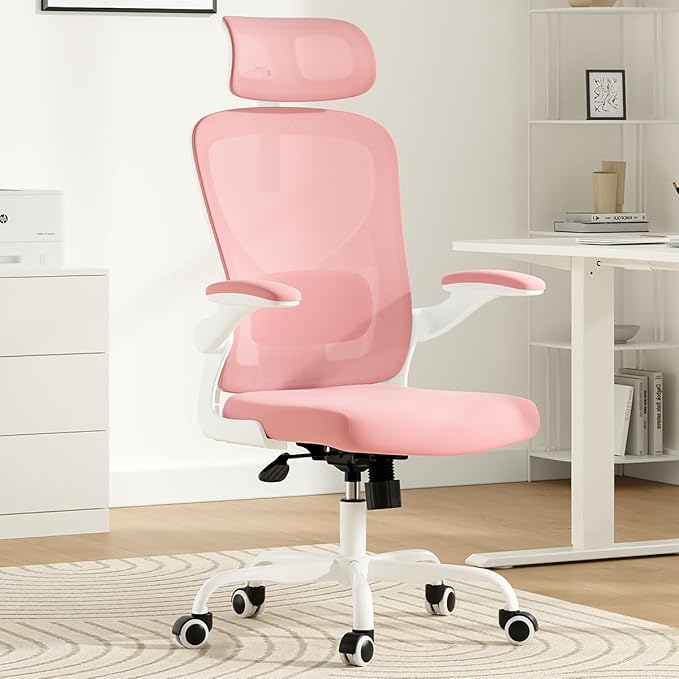 Breathable Mesh Elegance Office Chair, Modern Refined Office Chair with Adjustable Lumbar & Headrest, Minimalist Single Sofa Chairs for Home Office & Study, Pink,White