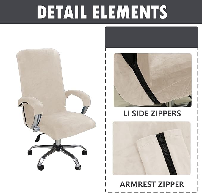 Velvet Plush Stretchable Office Desk Chair Cover Cat Proof with Wheels, Chair Seat Cover with Armrest Protector for Pets & Kids, Removable for Ergonomic Mesh Computer Rolling Chair, Beige, XL