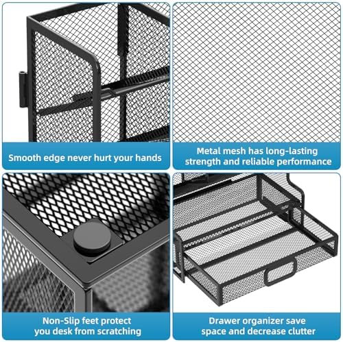 Marbrasse Larger Mesh Desk Organizer with Drawer, Multi-Functional Pen Pencil Holder, Easy Assembly, Desk Organizers and Accessories for Office Art Supplies (Black)
