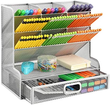Marbrasse Larger Mesh Desk Organizer with Drawer, Multi-Functional Pen Pencil Holder, Desk Organizers and Accessories for Office Art Supplies (Silver Mesh Pen Holder with Drawer)