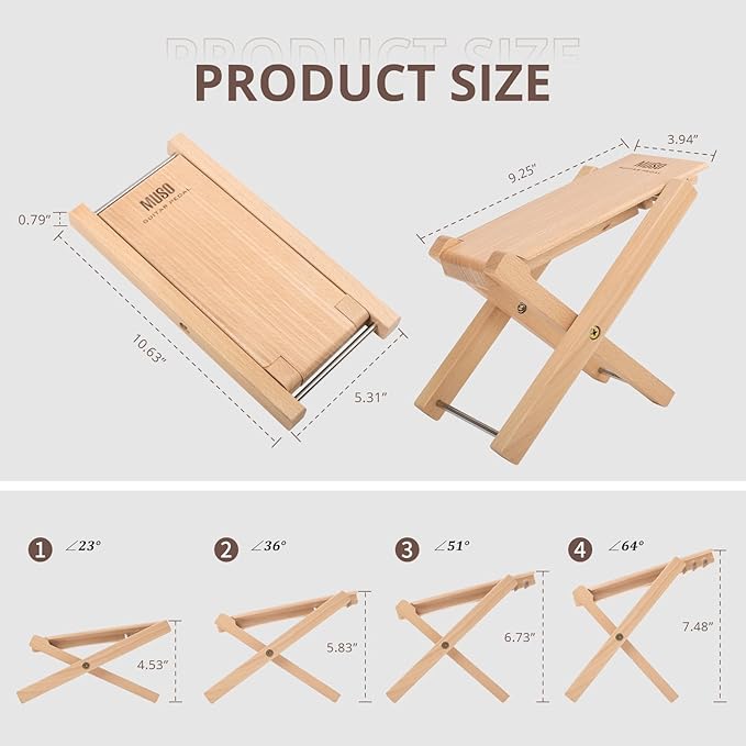 Muso Guitar Stool Foot Rest, Adjustable Foot Stool Folded Wooden Pedal,Pedicure Foot Stool Footrest 4 Level Suitable for Guitar (Natural Beech)