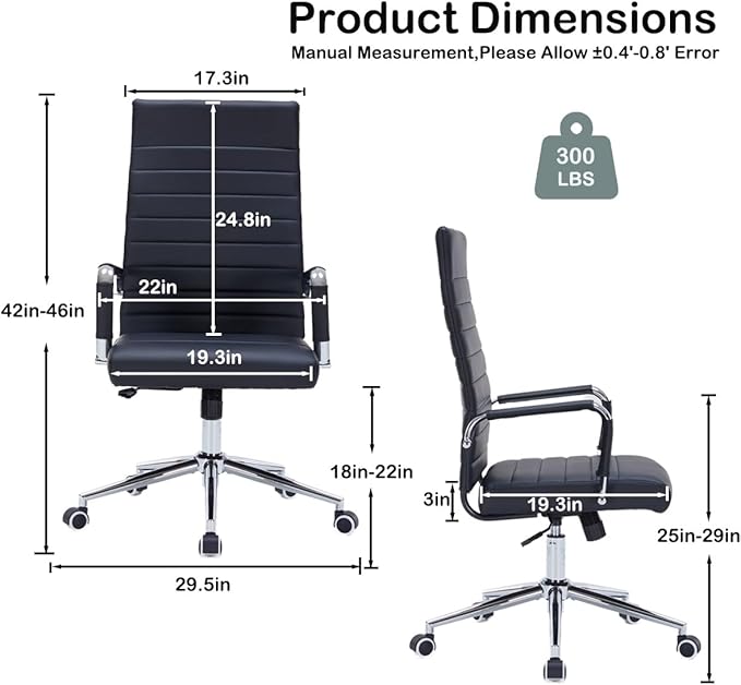 Black Modern High Back Office Desk Chair, PU Leather Ribbed Ergonomic Executive Conference Chair with Wheels, Adjustable Swivel Task Chair with Arms