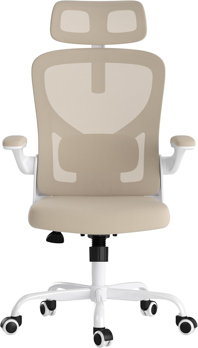 JOSHEN Breathable Mesh Elegance Office Chair, Modern Refined Office Chair with Adjustable Lumbar & Headrest, Minimalist Single Sofa Chairs for Home Office & Study, Khaki,White