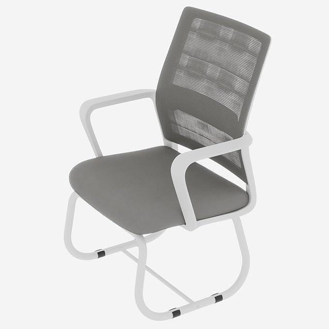 Modern Mesh Office Chair, Ergonomic Desk Chair with Armrests, Breathable Computer Task Seat for Home Work, Sled Base Guest Furniture, Comfortable Lumbar Support, Metal Frame, White+Gray