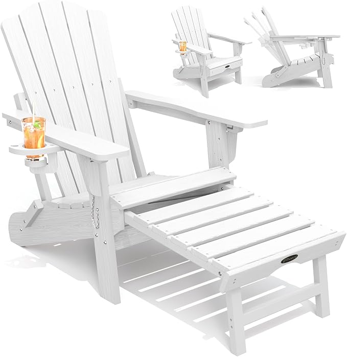 THOEOE Adjustable Adirondack Chair with Retractable Ottoman, HDEP Folding Adirondack Chairs with Footrest 2-in-1 Cup Holder, All Weather Outoor Fire Pit Chair with Foot Rest Set 1 White