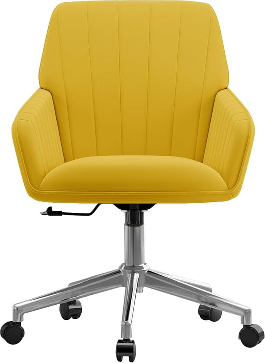 YISHENG Velvet Office Desk Chair with Silver Base, with Wheels,Modern Height Adjustable 360 Degree Swivel Upholstered Vanity Chairs with Arms for Living Room Bedroom,Yellow