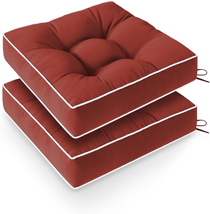 Wellsin Outdoor Chair Cushions Set of 2, Patio Cushions for Outdoor Furniture, Tufted Water-Resistant Outdoor Chair Pads, 19 x 19 Inch, Brick Red