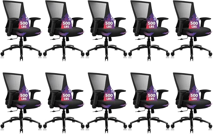 CLATINA Big and Tall Office Chair Heavy Duty Ergonomic Desk Chair 500lbs with Flip-up Arms & Wide Thick Seat Cushion Home Executive Swivel Mesh Chair for Study, Conference, Black, 10 PK