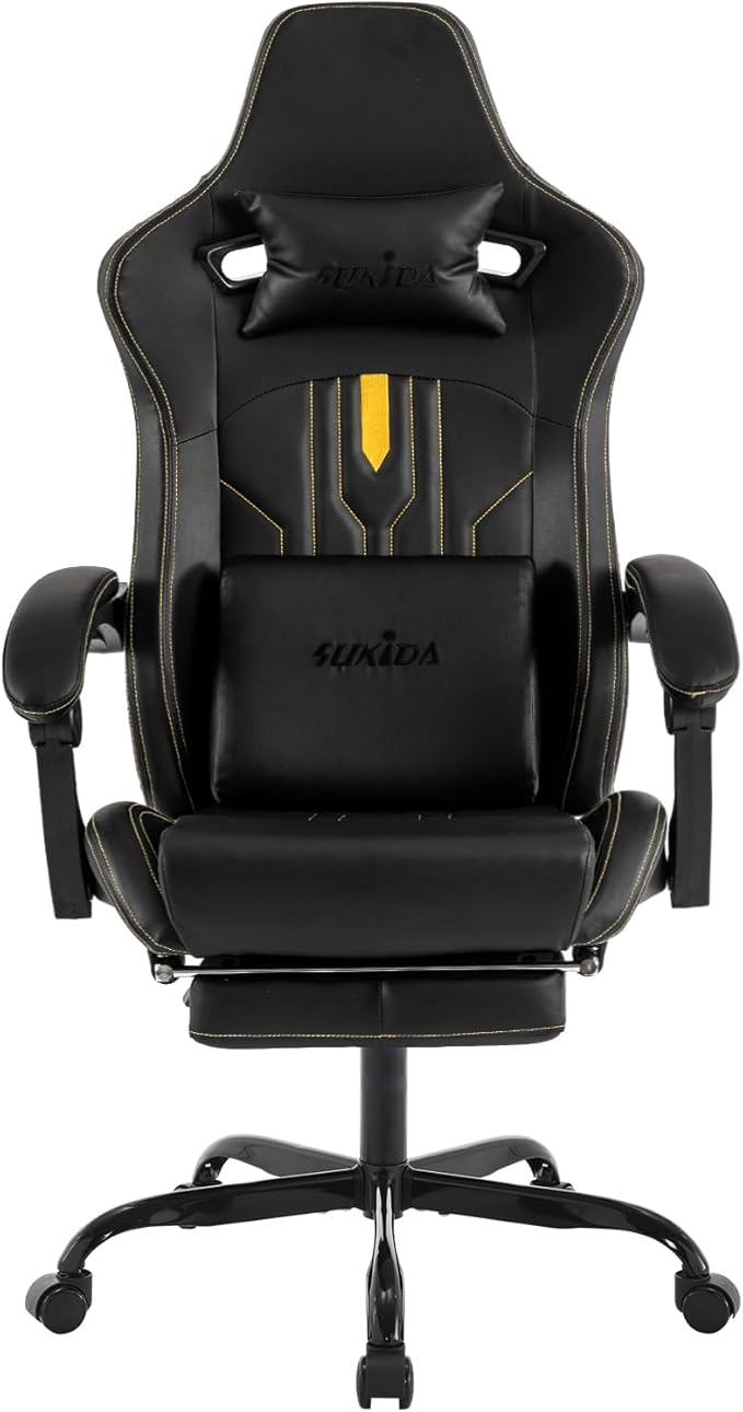 Gaming Chair with Footrest Ergonomic Computer Chair Massage Lumbar Cushion, Racing Video Game Chair Adjustable Rocker Recliner Executive Office Desk Chair Pu Leather for Adults