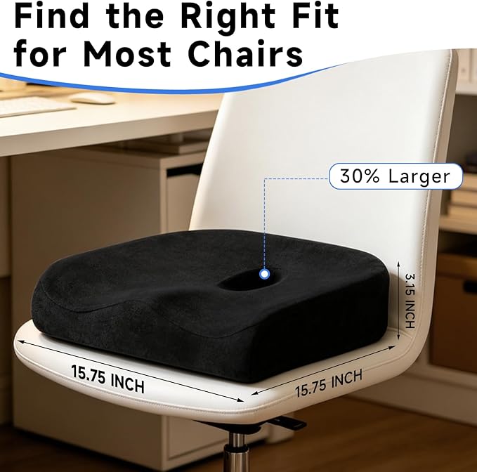 Donut Pillow Seat Cushion for Tailbone and Coccyx Comfort, Memory Foam Donut Cushion with Center Cutout, Large Medium-Firm Chair Cushion for Long Sitting, Office Chairs & Desk Chairs, Black