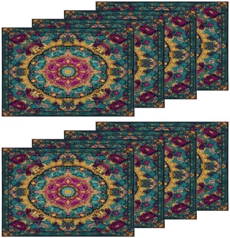 Shrahala Exotic Rich Color Placemats, Ornate Details Swirling Forms Table Mat Linen Burlap Washable Double-Deck Heat Insulation for Dining/Kitchen Table Set of 8 (12 X 18 Inch)