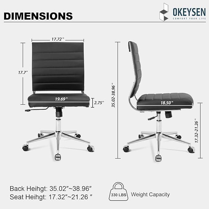 Okeysen Armless Office Desk Chair, Mid Back Leather Conference Room Chairs Without Armrests, Modern Office Chair Ribbed.