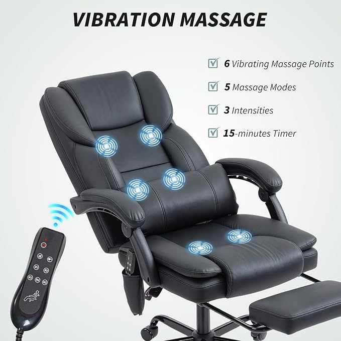 HOMCOM Massage Office Chair with Foot Rest and 6 Points Vibration, Executive Office Desk Chair with Scratch-Resistant Faux Leather, Reclining Back, Comfy Lumbar Support, Remote, Black