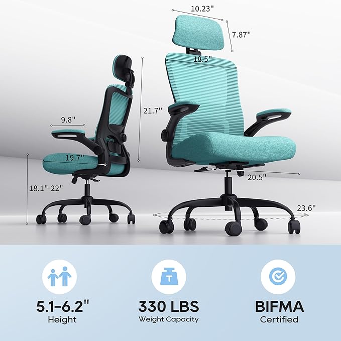 Office Chair, Ergonomic Mesh Desk Chair with Adjustable Lumbar Support and Headrest, Flip-up Armrests, High Back Computer Task Chair for Home and Executive Office (B-All Green)