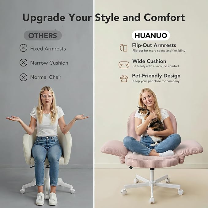 HUANUO Criss Cross Office Chair for Women, Cross Legged Desk Chair with Adjustable Armrests, Soft Corduroy Fabric for Small Spaces, Petite Home Office Computer Chair for Girls, Pink