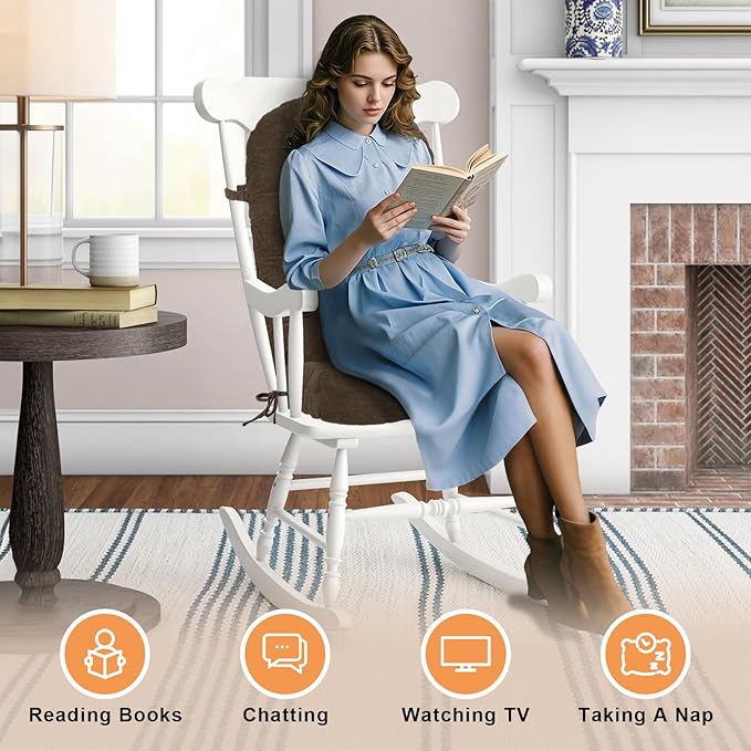 Rocking Chair Cushion - Chenille Fabric, High-Density Sponge, Durable Comfort Double-Sided Tufted Seat Pads with Ties, Chenille︱Dark Brown, 44x19x4 inch