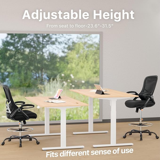 HYLONE Drafting Chair Tall Office Chair High-Back Mesh Standing Desk Stool with Adjustable Footrest Ring and Flip-Up Arms Black