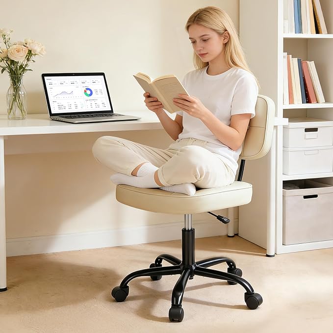 DUMOS Home Office Desk Chair - Ergonomic Armless PU Leather Computer Rolling Task Chair，with Comfy Lumbar Support and Height Adjustable, Vanity, Bedroom, Living Room, Beige