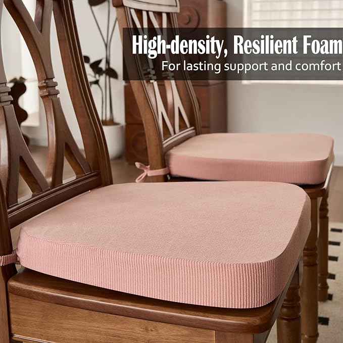 2'' Thick High-Density Foam Indoor Chair Cushions | Dining Chair Pads with Ties, Removable Washable Cover, Kitchen Chair Cushions 17"x16", Pink 6 Pack