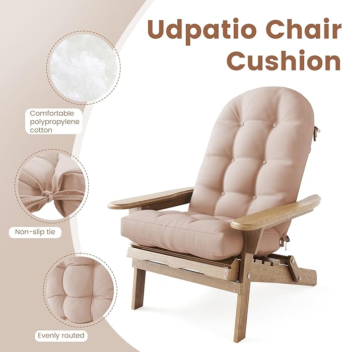 UDPATIO Adirondack Chair Cushion Set of 2 with Ties, Fade-Resistant High Back Outdoor Seat Cushions for Patio, Deck, Porch, Rocking Chairs & Lawn Furniture (Upper & Lower Lumbar Support)，Light Beige