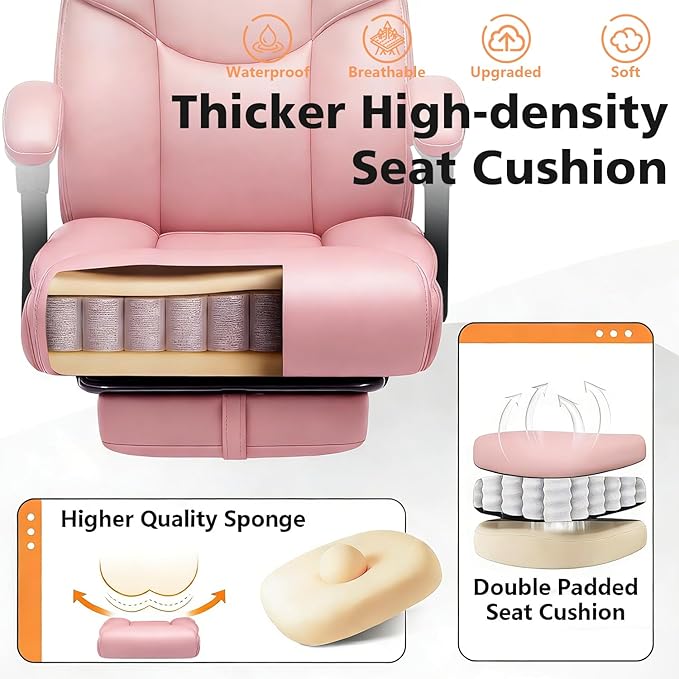 WAILOR 400lbs Office Chair with Foot Rest, Reclining Big and Tall Office Chair with Lumbar Support, High Back PU Leather Computer Chair,Comfy Desk Chair for Home Office (Pink)
