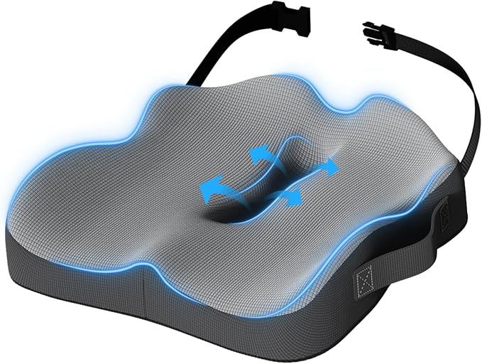 Car Seat Cushion, Extra Large Memory Foam Cushion with Adjustable Strap for Truck Drivers & Long Driving, Orthopedic Sciatica and Tailbone Pain Relief, Comfort Support for Travel Essentials