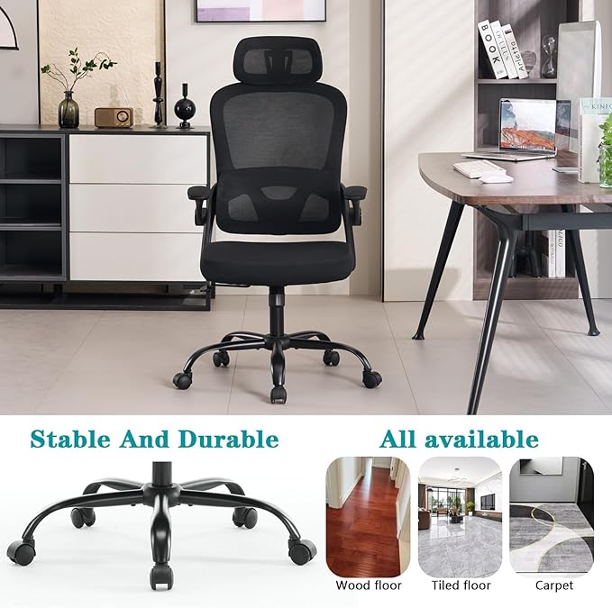 Ergonomic Mesh Office Chair, High Back Desk Chair with 3D Armrests, Up&Down Lumbar Support, Swivel Computer Task Chair with Adjustable 2D Headrest and Tilt Function(Black)