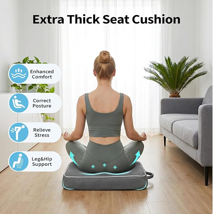 Seat Cushion for Tailbone Pain Relief, Office Chair Cushion, Memory Foam Large Chair Cushion with Non-Slip Cover for Soft Support at Office Chair, Car Seat, Airplane 3.3"-Grey