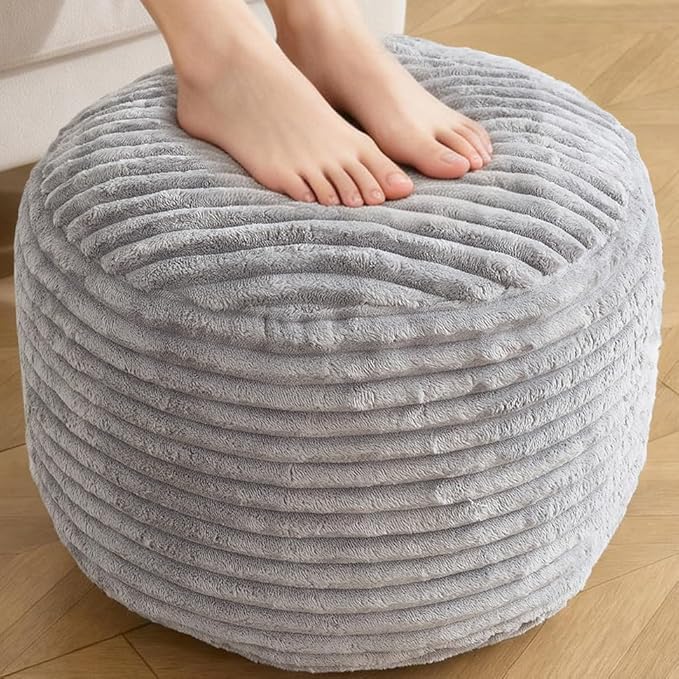 Round Ottoman,Corduroy Pouf Ottoman Foot Rest,Storage Footstool for Living Room,20x15 Soft Floor Poufs,Memory Foam Filling - Light Grey, 20x15 in