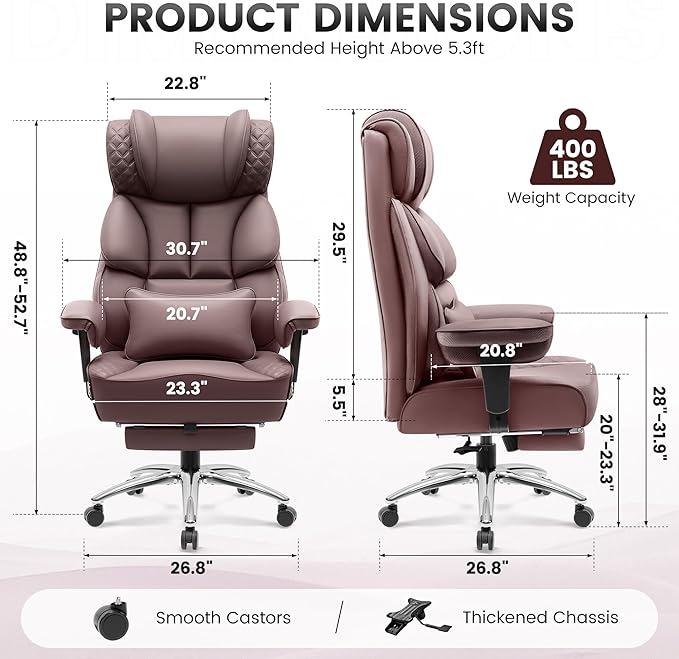 BestGlory Office Desk Chair, Big and Tall Leather Gaming Chair with Footrest, Wide Ergonomic Comfy Executive High-Back Reclining Computer Chairs, Swivel Rolling Wheels and Padded Lumbar Support,Coffee