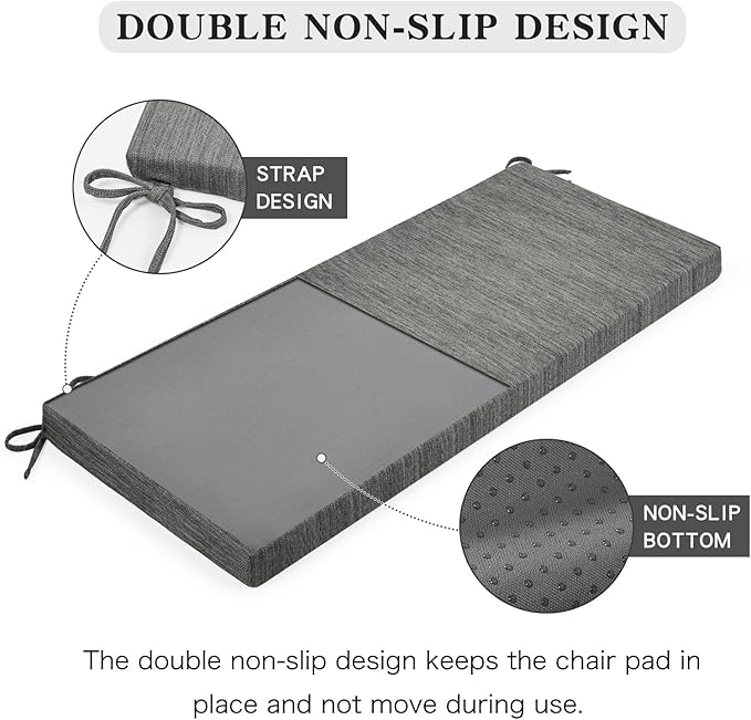 baibu 42 Inch Classic Solid Color Bench Cushion with Ties, Non-Slip Indoor Outdoor Rectangle Bench Seat Cushion with Machine Washable Cover (Grey, 42x16x1.5in)