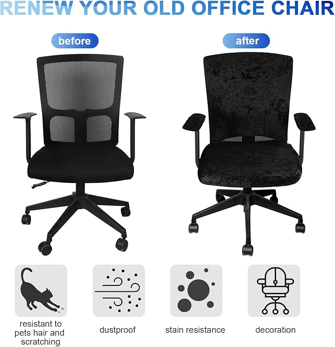Tallew 4 Pcs Office Chair Covers Set Computer Universal Protective Stretchable Chair Seat Covers Desk Armrest Slipcovers Pads Office Cushion Backrest for Rotating(Black)