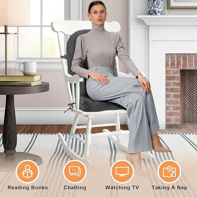 Rocking Chair Cushion - Chenille Fabric, High-Density Sponge, Durable Comfort Non-Slip Bottom Tufted Seat Pads with Ties, Chenille︱Gray, 44x19x4 inch
