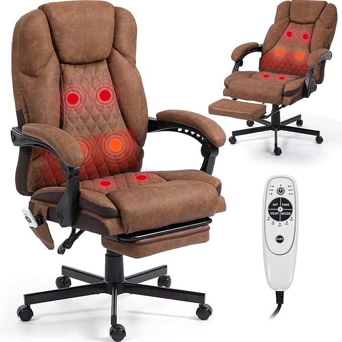 Massage Office Chair with Foot Rest, 6 Points Vibration Heating Executive Chairs Ergonomic Home Office Desk Chair with Reclining Backrest, Adjustable Arms and Lumbar Support, PU Leather, Brown