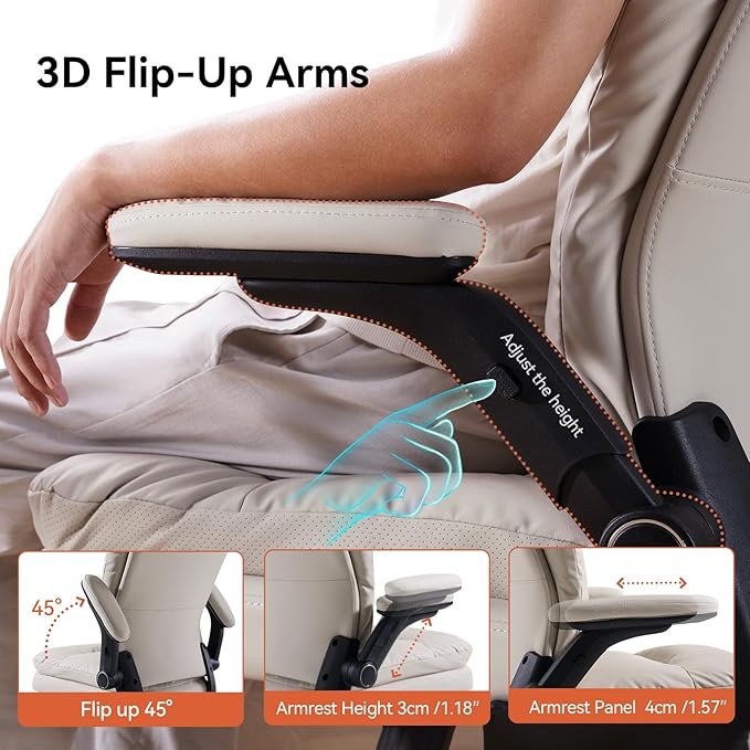LEAGOO Ergonomic Office Chair with 3D Flip-Up Arms, Adjustable Height & Rocking Function, PU Leather Swivel Task Chair for Home Office, 300 lbs Capacity - Beige