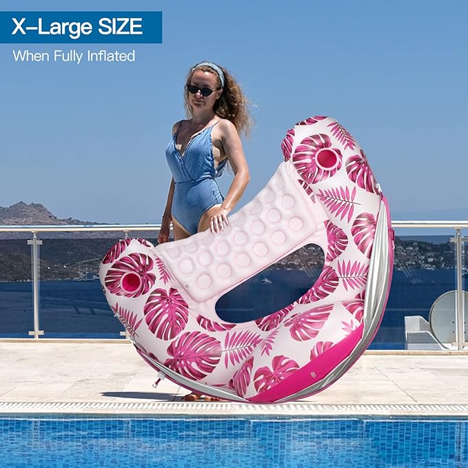 COOLCOOLDEE Pool Float with Canopy, Cup Holder - XL Pool Chair Lounge Float with Adjustable Sun Shade Cover, Drink Holder, Ergonomic Headrest,Inflatable Pool Float for Adults