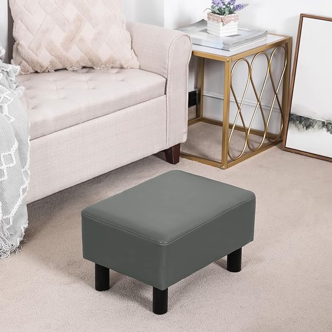 Joveco Small Footstool Ottoman Faux Leather Footrest Modern Rectangular Foot Stools for Living Room Bedroom (Grey)