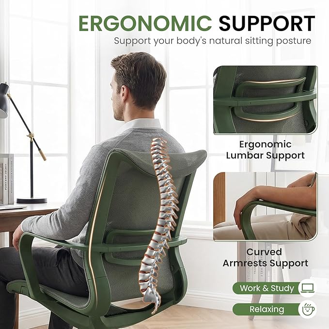LuxErgo Ergonomic Mesh Office Chair, Mid Back Desk Chair with Lumbar Support & Armrests, Height Adjustable, 115° Recline, 360° Swivel Rolling Task Chairs for Home Office, Green