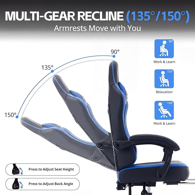 Desk Computer Gaming Chair - High Back Ergonomic Office Chair with Footrest and Lumbar Support, Swivel Comfy Home Gamer Video Game Chairs with Pocket Spring Cushion for Adults (Blue Leather)