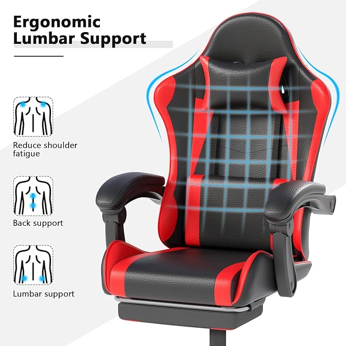 OS MOTOR Gaming Chair with Headrest and Lumbar Support, Ergonomic High Back Office Chair, Racing Style Executive Computer Desk Chair, Leather Adjustable Swivel Task Chair for Home Office (Red Black)