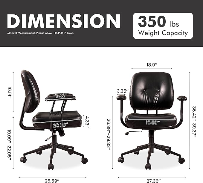 Leather Home Office Chair, Mid Back Ergonomic Desk Chair with Lumbar Support, Mid Century Modern Deep Seat Swivel Rocking Computer Chair, Black