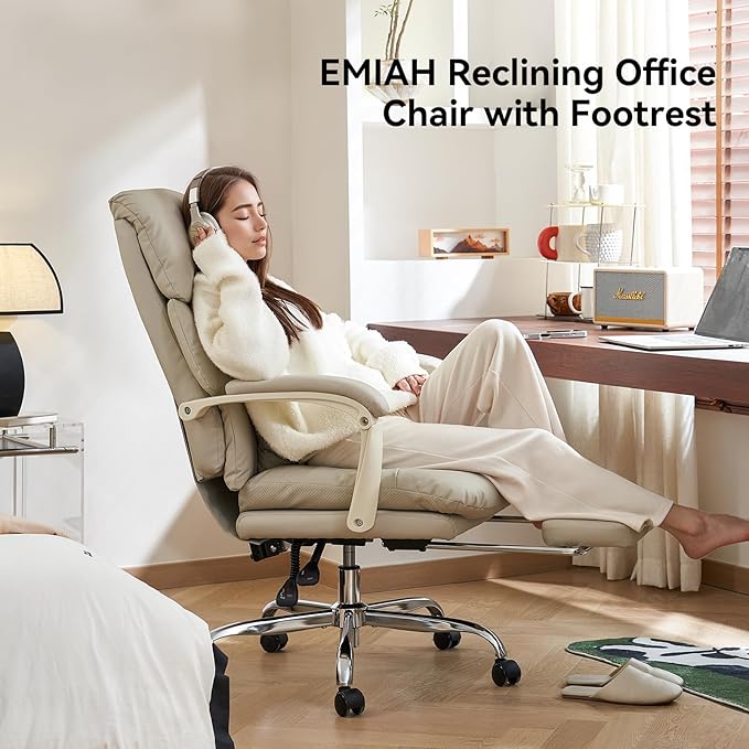 EMIAH Heated and Massage Office Chair with Foot Rest, Executive Office Chair Reclining High Back PU Leather Comfy Swivel Computer Desk Chairs with Wheels and Lumbar Support for Home Office，Beige