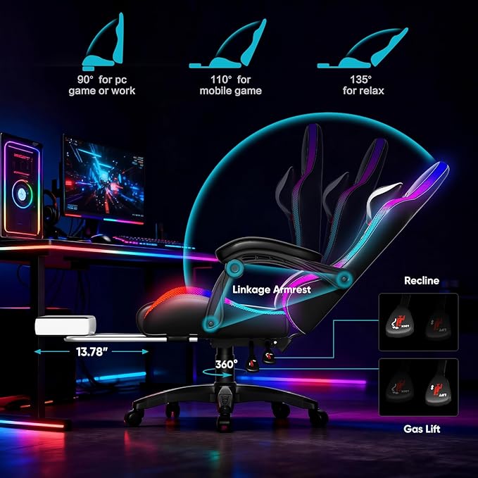Czlolo Gaming Chair, Racing Style RGB LED Lights Gaming Chairs for Adults and Kids, Lumbar Massager Gamer Chair, High Back Reclining Computer Chair with Footrest and Headrest (Black/White)