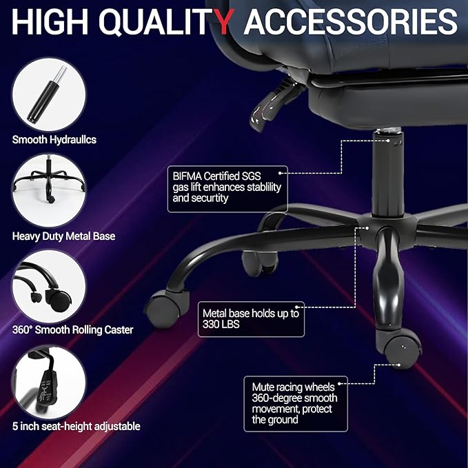 Gaming Chair with Footrest, Ergonomic PC Desk Chair with Headrest and Massage Lumbar Support, Video Game Chair w/Height Adjustable High Back for Home Office, Black