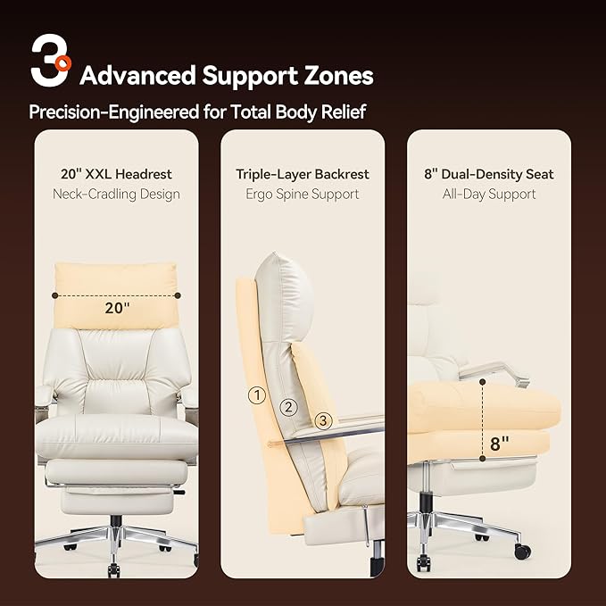 OKUP M76 160° Reclining Executive Office Chair with Footrest, Adjustable Seat Depth, 10" Thick Cloud Cushion Desk Chair, 420lb Heavy Duty High Back Leather Desk Chair for Home Office, Cream