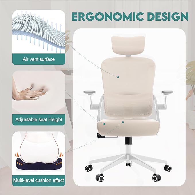 350 LBS Ergonomic Office Computer Mesh Chair - Adjustable Height Rolling Desk Chair with Flip-Up Armrests & High Back Support - Comfortable Swivel Task Chair for Home Office (01KHAKI)